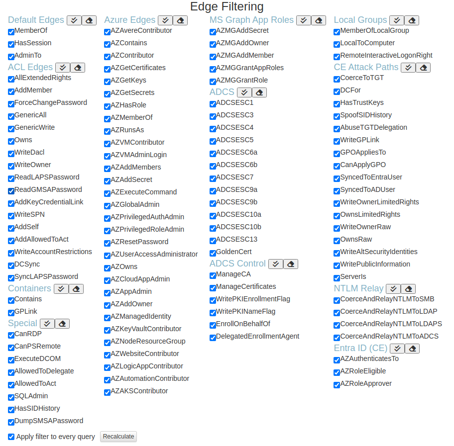 Edge Filtering pane with the new NTLM Relay and Entra ID (CE) sections and new CE Attack Paths edges