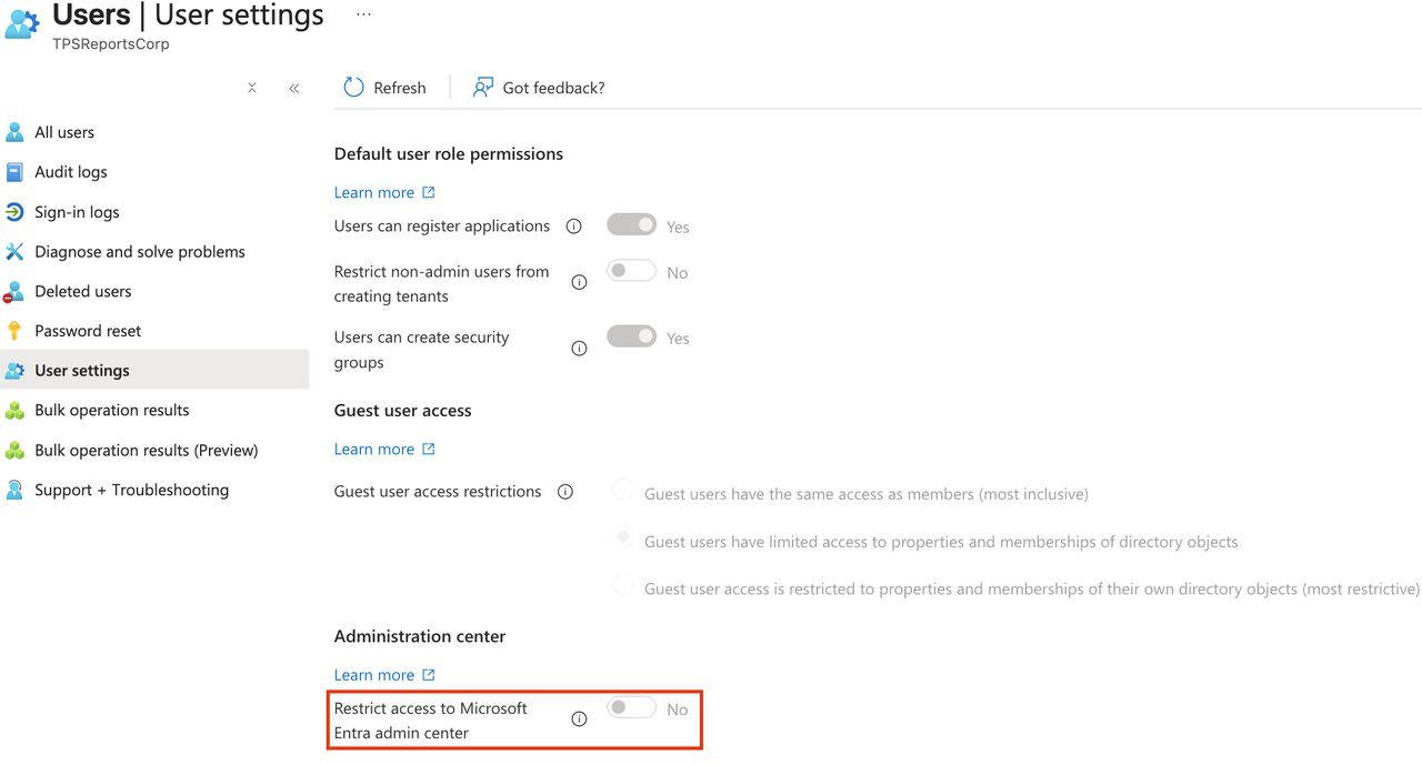 Entra ID User settings page with the Restrict access to Microsoft Entra admin center toggle highlighted and set to No